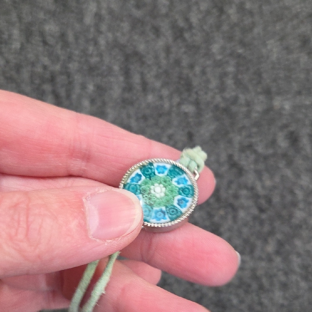 Murano Mint Green Cord Bracelet with Blue Floral Glass Medallion - Picture 3 of 9